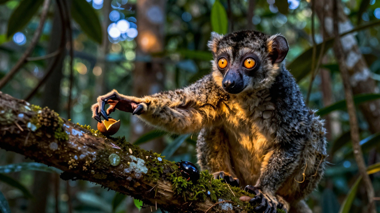 Lémure com olhos laranja vivo apanhando alimento numa árvore em floresta densa.