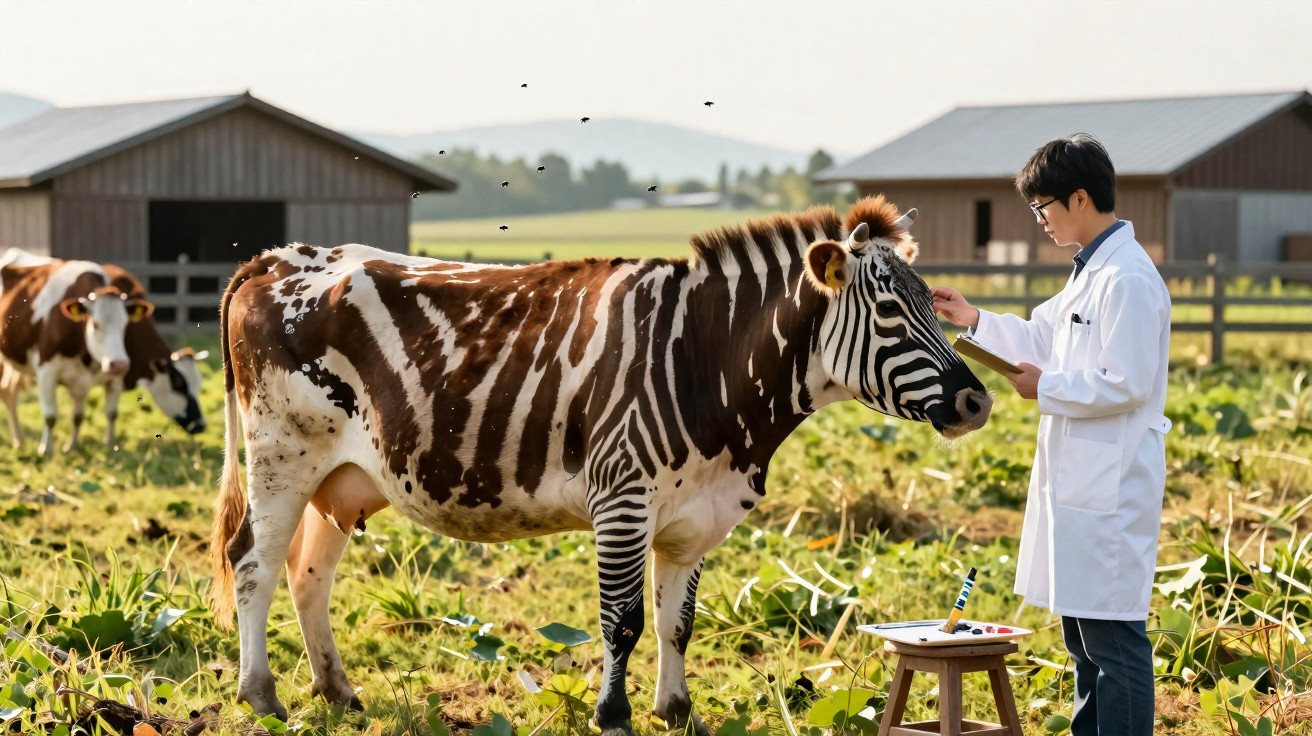 Veterinário examina vaca com aparência de zebra num campo agrícola ensolarado.