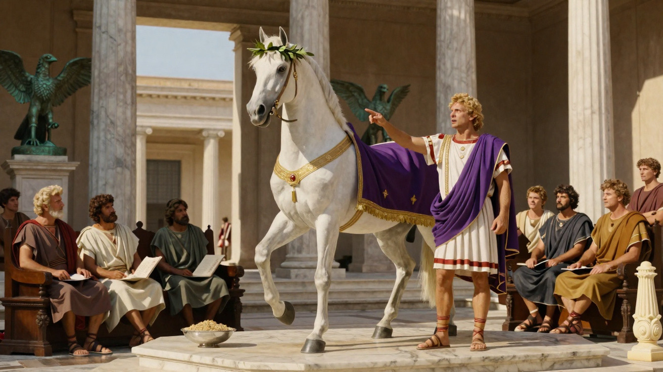 Homem vestido à moda romana junto a cavalo branco adornado, com público sentado em colunas de templo antigo.