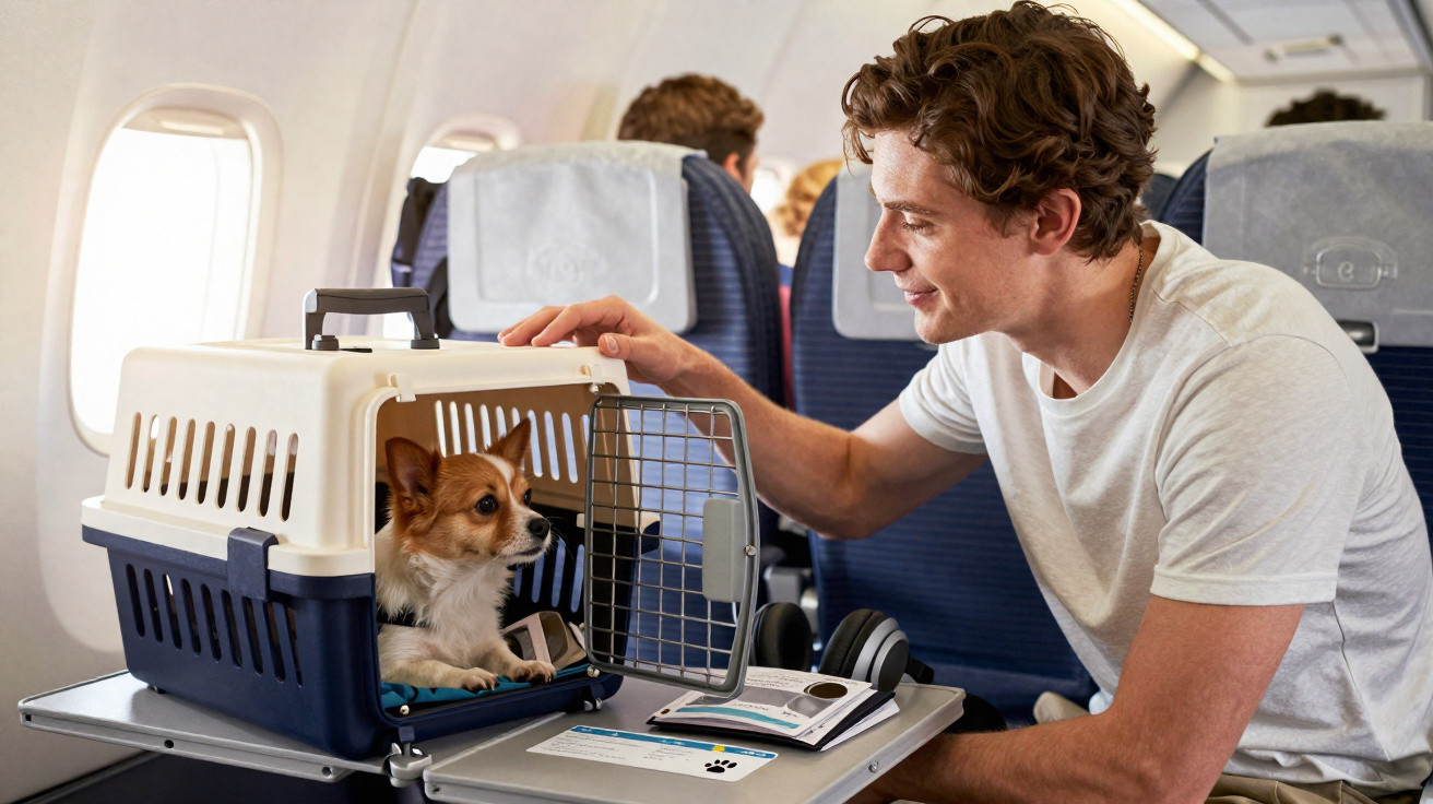 Homem acena para cão dentro de transportadora num avião, ambos sentados em assentos lado a lado.