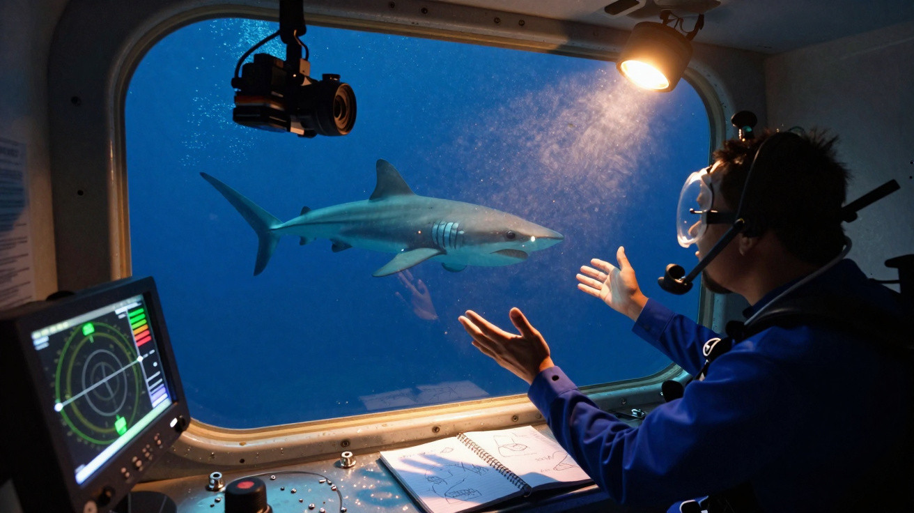 Homem com máscara de mergulho observa tubarão azul através da janela de submarino iluminado.