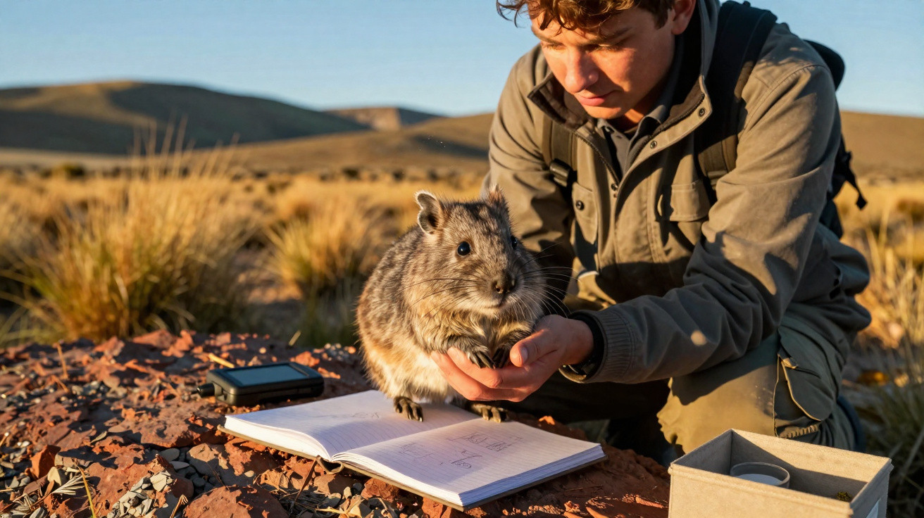 Jovem observa e alimenta um pequeno roedor sobre um caderno ao ar livre, com paisagem campestre ao fundo.