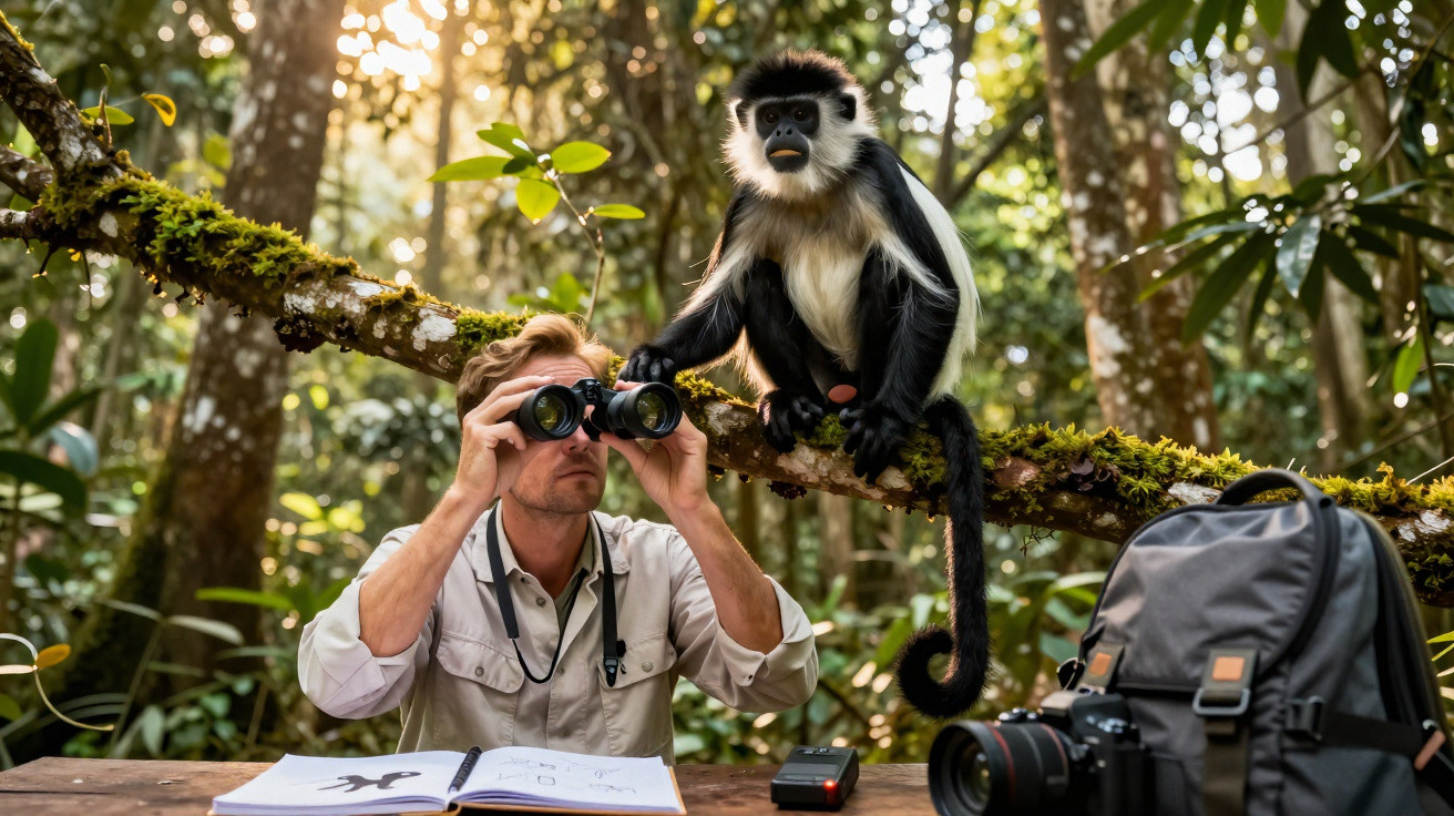 Homem observa com binóculos na floresta enquanto um macaco preto e branco está sentado num ramo junto dele.