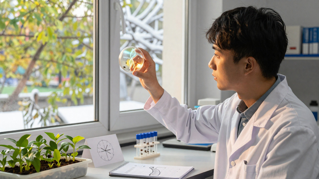 Homem com bata branca analisa uma placa de Petri com plantas, junto a um laboratório com janela e plantas.