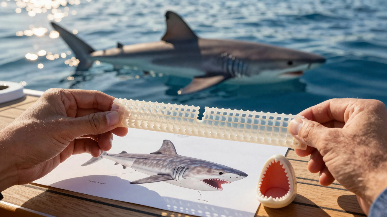 Mãos seguram molde dentário junto a desenho e modelo de tubarão, com tubarão real na água ao fundo.