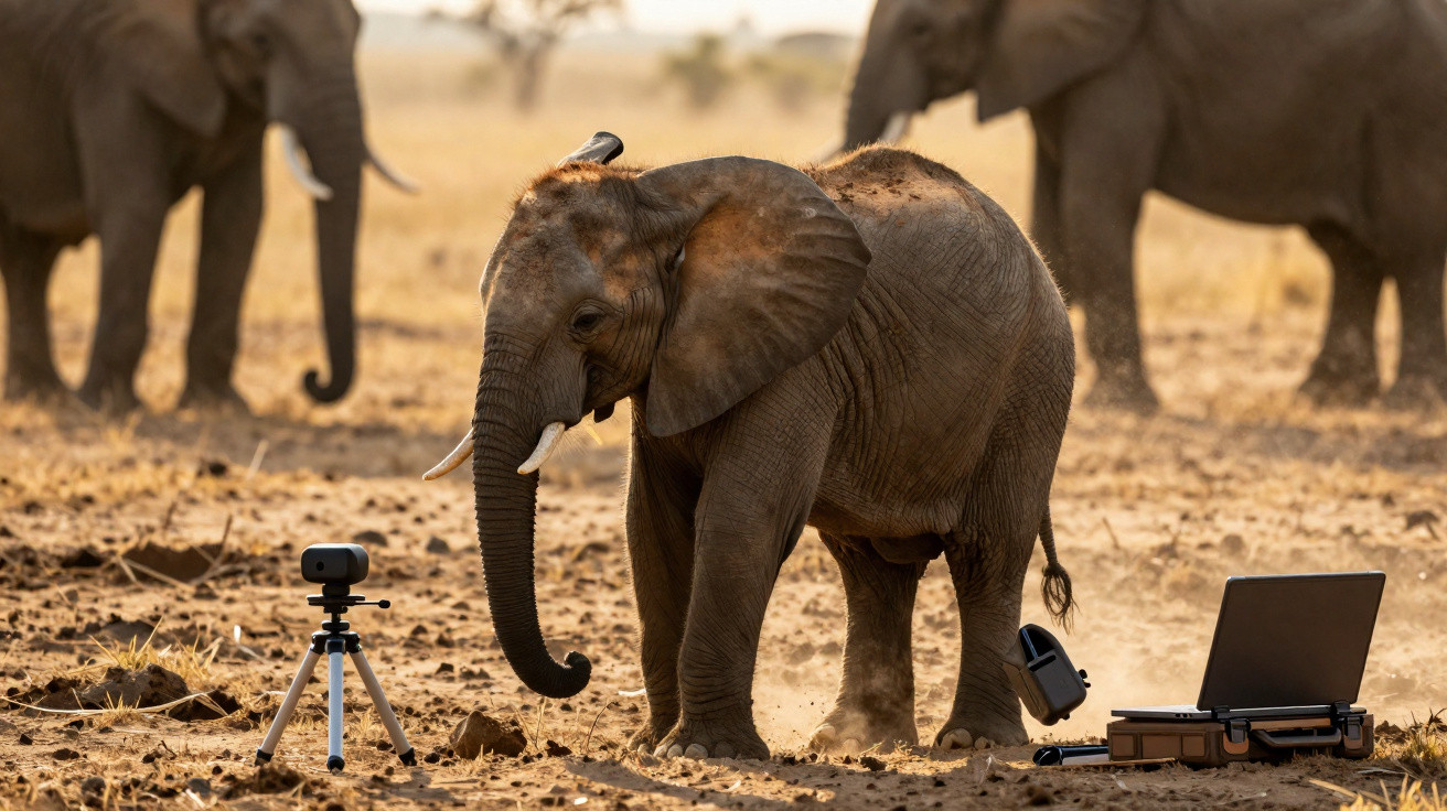 Elefante jovem africano junto a câmaras de filmar e laptop na savana seca ao pôr do sol.