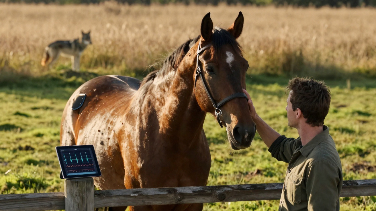Homem acaricia cavalo junto a cerca de madeira com monitor cardíaco ligado ao animal num campo verde.