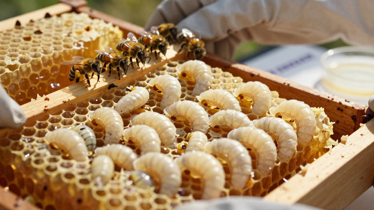 Colmeia com larvas de abelha e abelhas adultas numa estrutura de favo de mel em madeira.