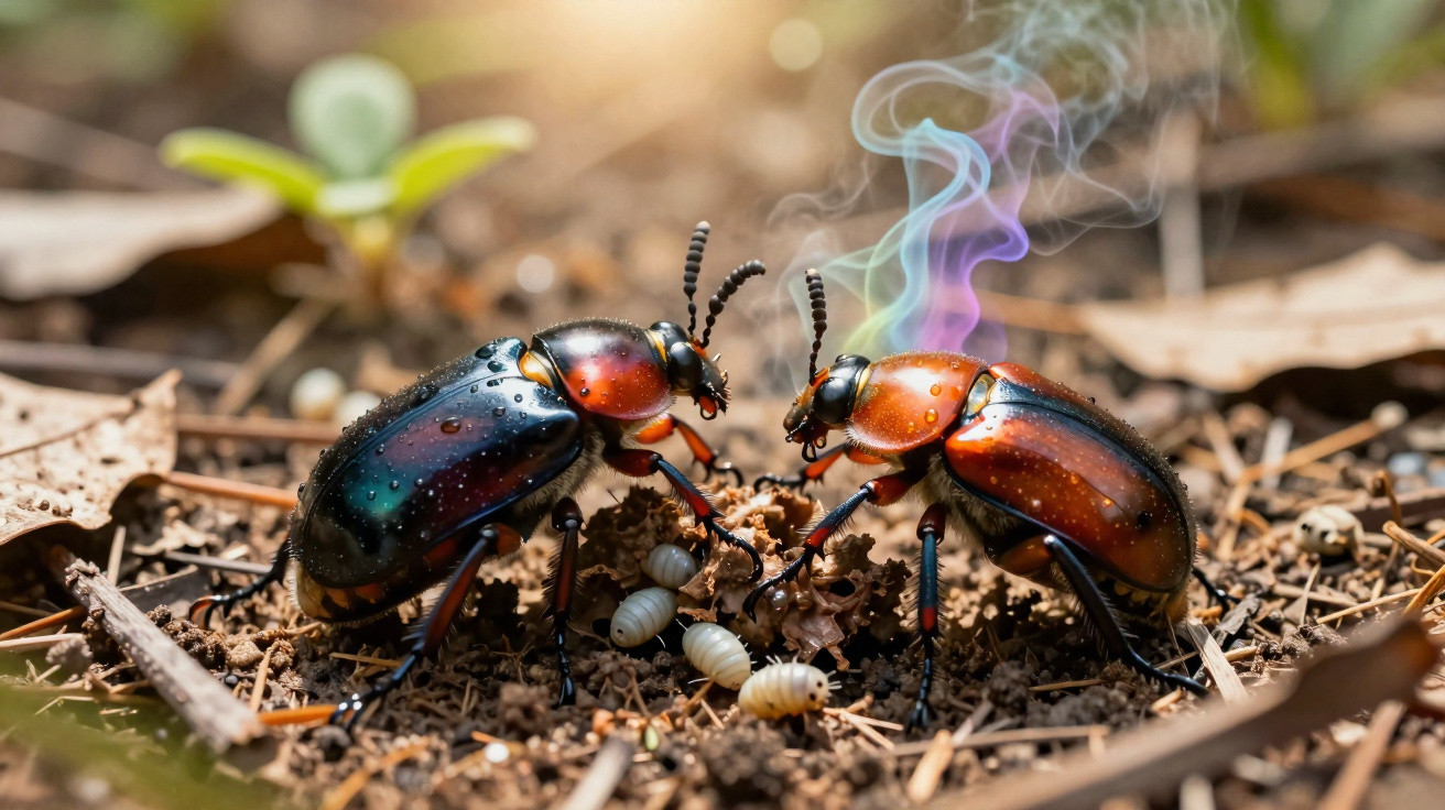 Dois escaravelhos coloridos sobre solo com ovos brancos e fumo colorido no fundo desfocado.