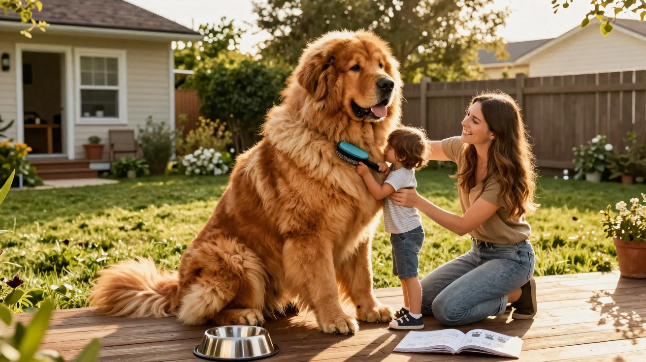 Criança a escovar um cão gigante com mulher sorridente a ajudar no jardim de casa.