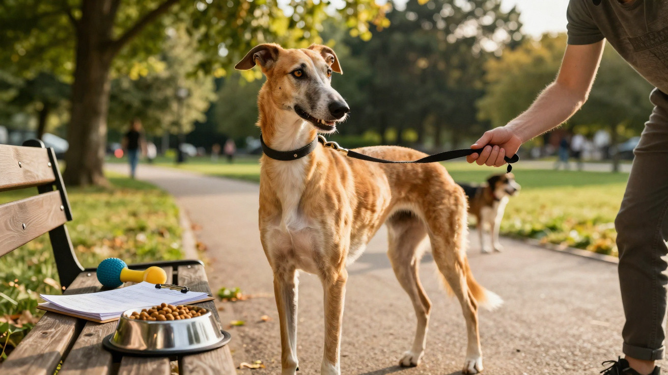 Cão castanho com coleira preso à trela num parque, junto a um banco com comida e brinquedos para cães.