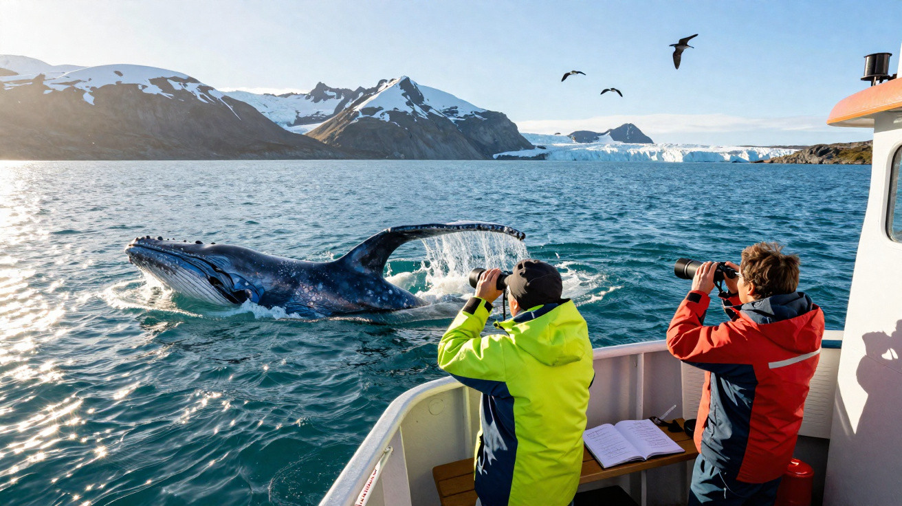 Baleia a emergir perto de um barco com duas pessoas a observar com binóculos, montanhas e icebergue ao fundo.