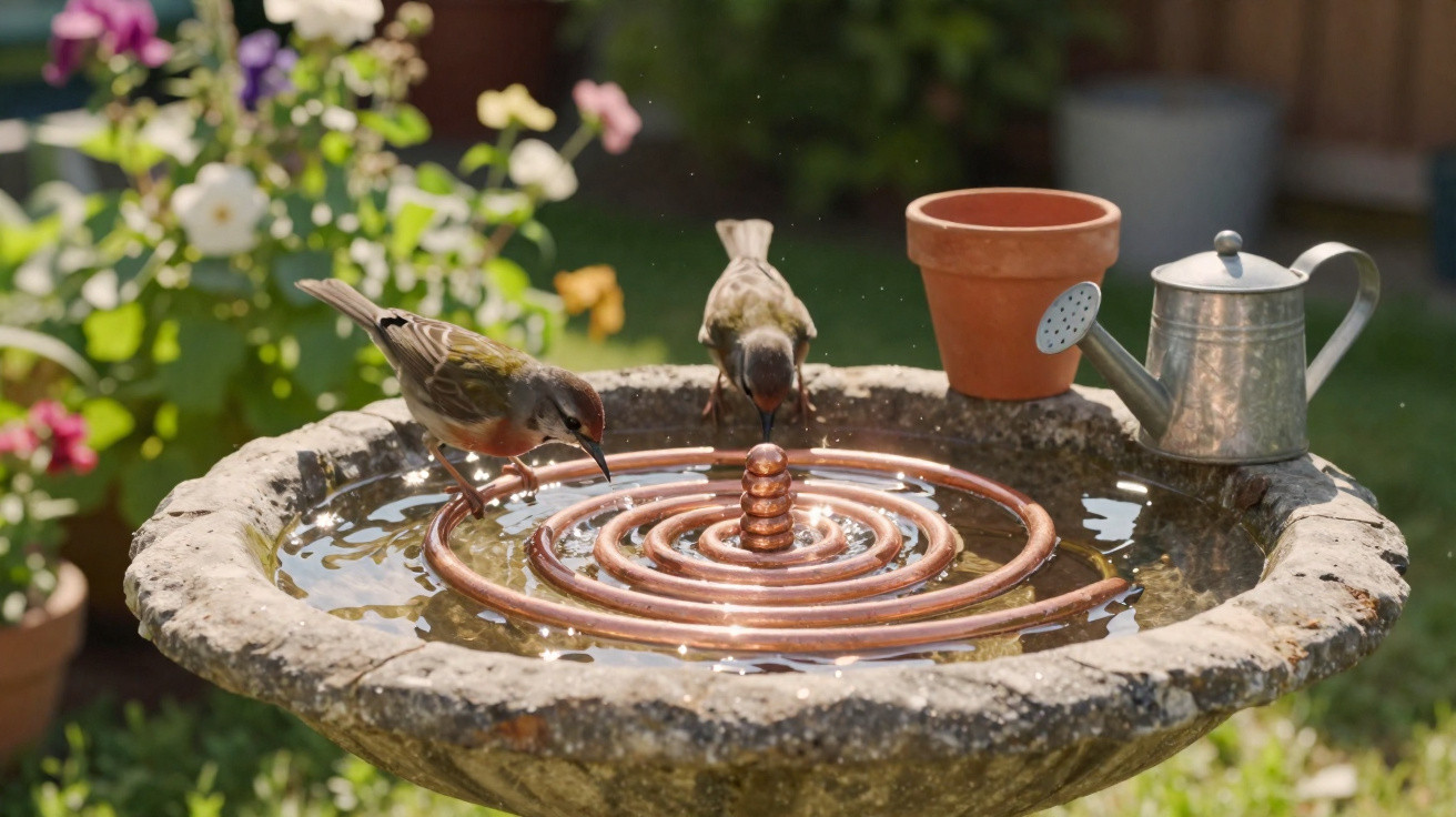 Dois pardais bebendo água numa fonte de jardim com regador e vasos ao fundo.