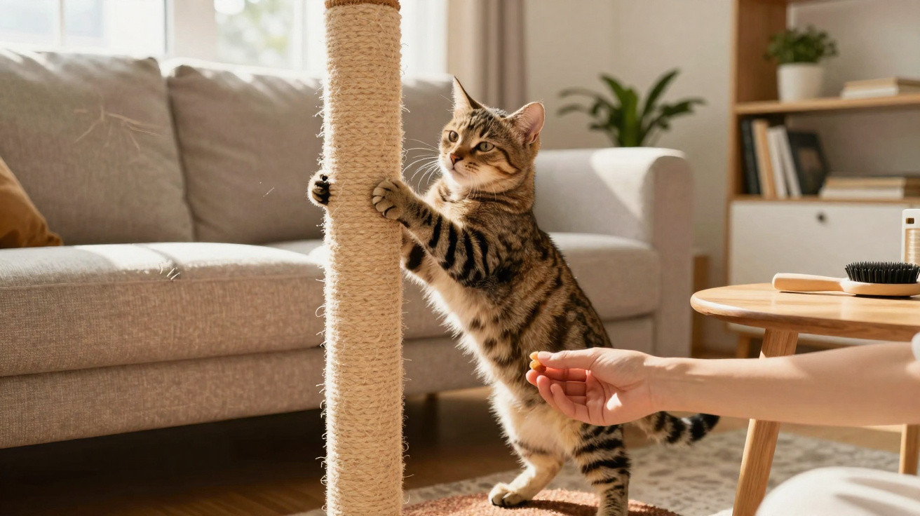 Gato a alongar as patas num poste de arranhar, com mão humana a oferecer petisco numa sala iluminada.