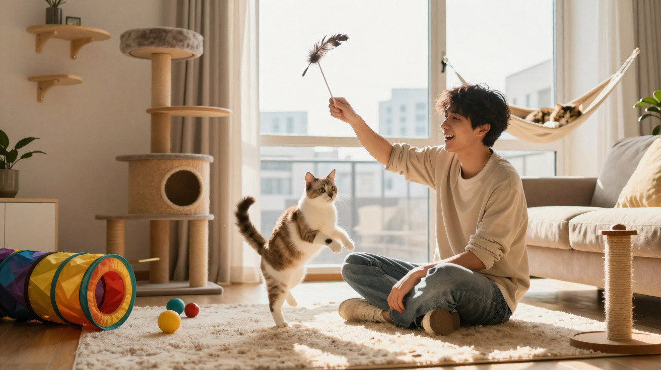 Jovem sentado no chão a brincar com gato num ambiente luminoso e acolhedor na sala de estar.