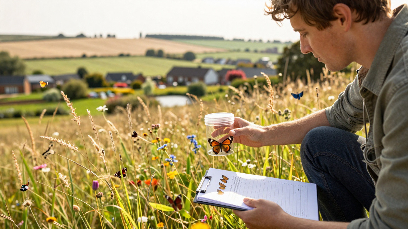 Homem observa borboletas numa floricultura rural com campo e casas ao fundo durante o dia.
