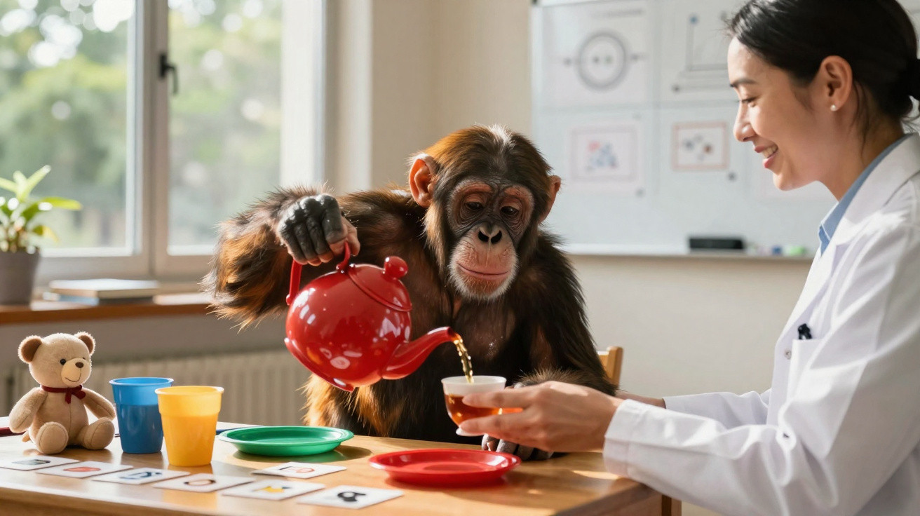Chimpanzé saudável a servir chá a uma mulher num ambiente de laboratório educativo.