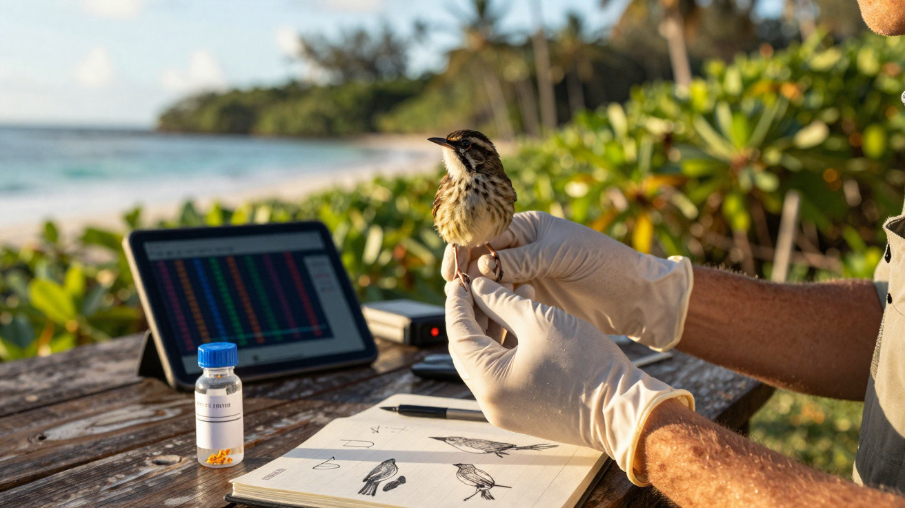 Mãos com luvas a segurar um pássaro junto a caderno com desenhos de aves, tablet e frasco numa mesa ao ar livre.