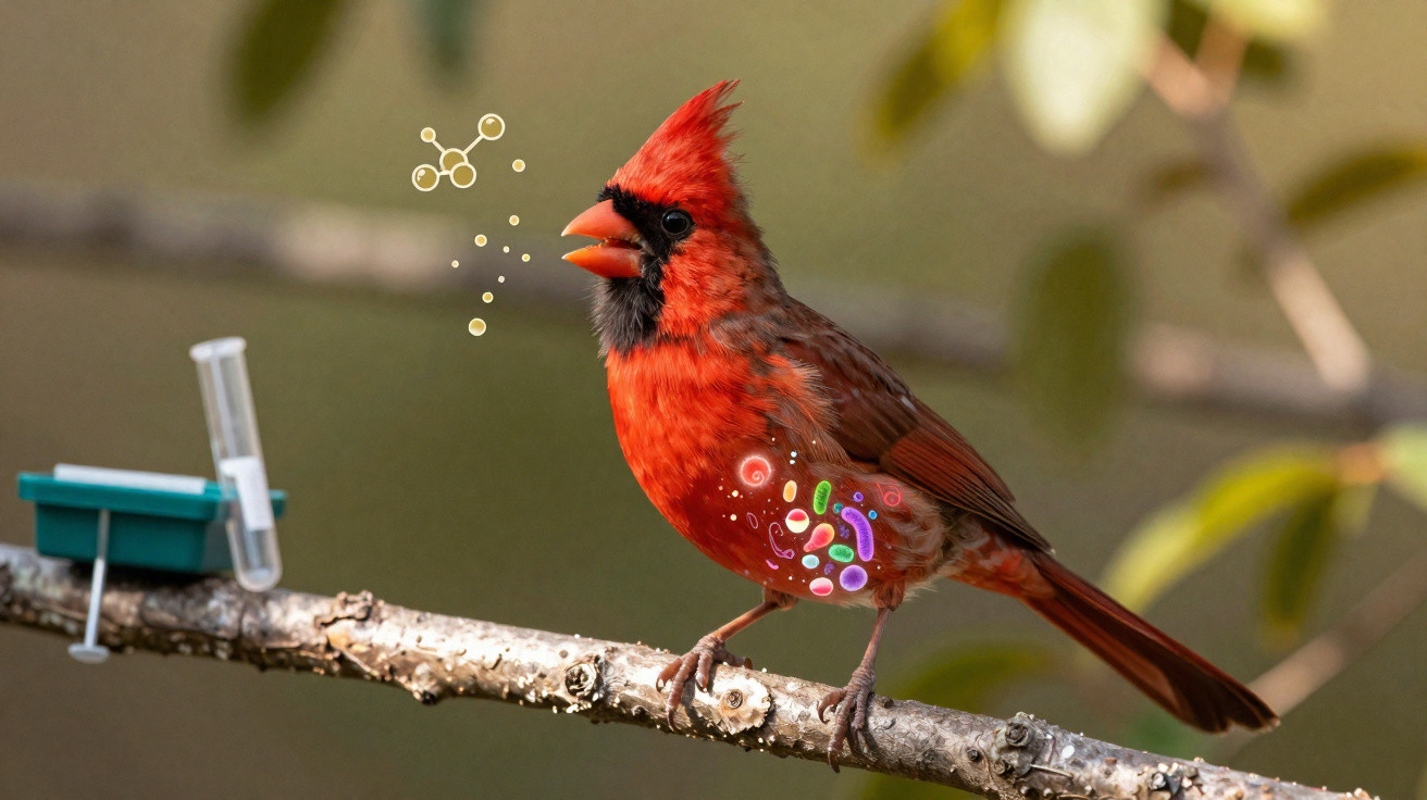 Pássaro vermelho em galho com ilustrações digitais coloridas representando bactérias e um tubo de ensaio ao lado.