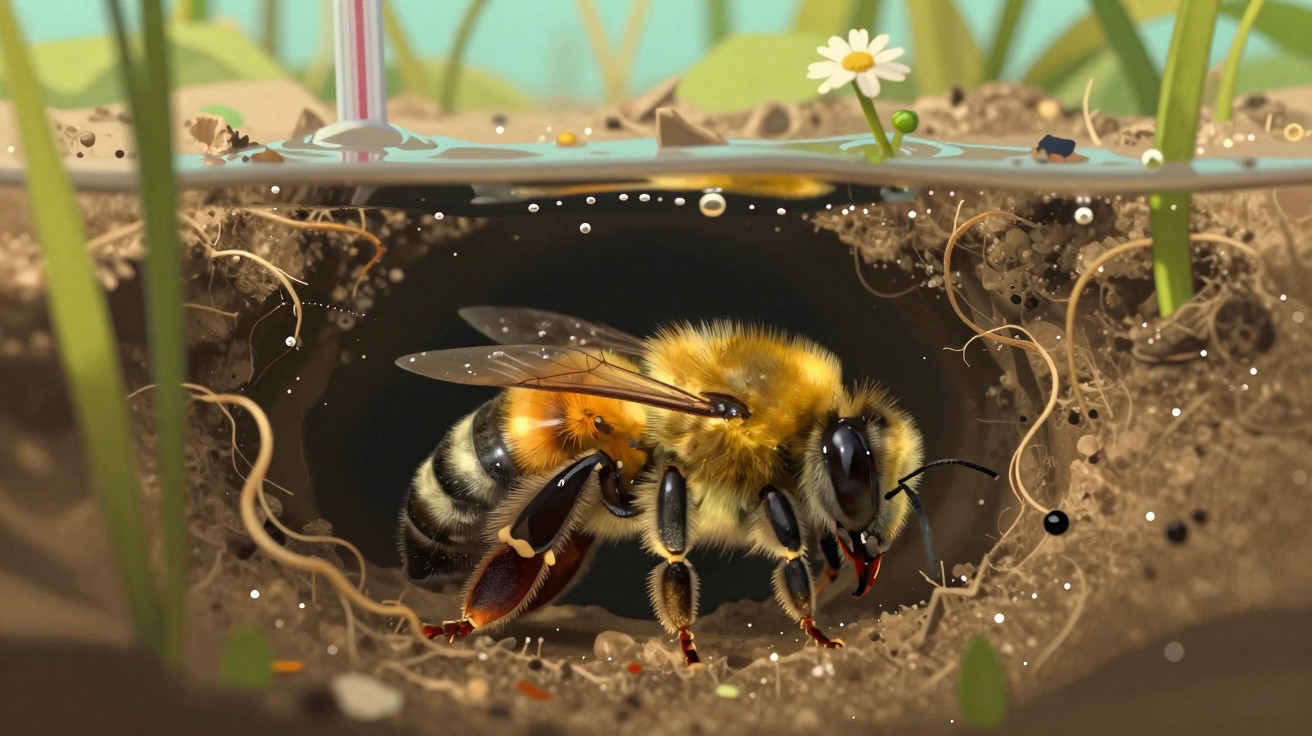 Abelha a entrar num pequeno buraco no solo com plantas verdes e flor branca ao redor.