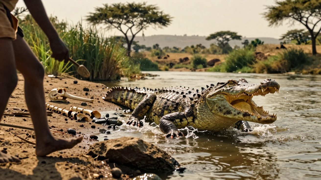 Crocodilo a sair da água com boca aberta perto de pessoa e ossos no rio numa paisagem africana.