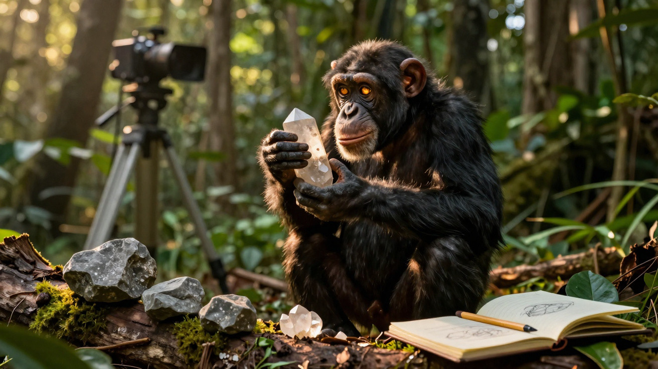 Chimpanzé na floresta a segurar um cristal, com pedras, caderno aberto e câmera ao fundo.