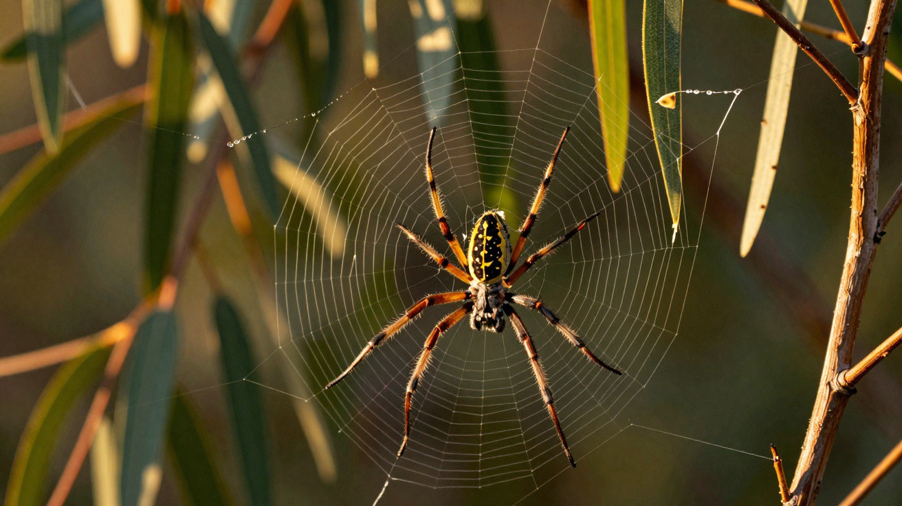 Aranha amarela e preta no centro da teia entre ramos e folhas verdes desfocadas ao fundo.