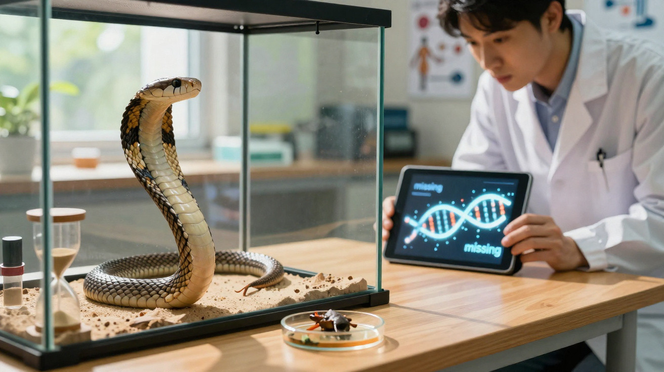 Cobra em aquário de laboratório com jovem cientista a analisar gráfico de ADN digital numa mesa.