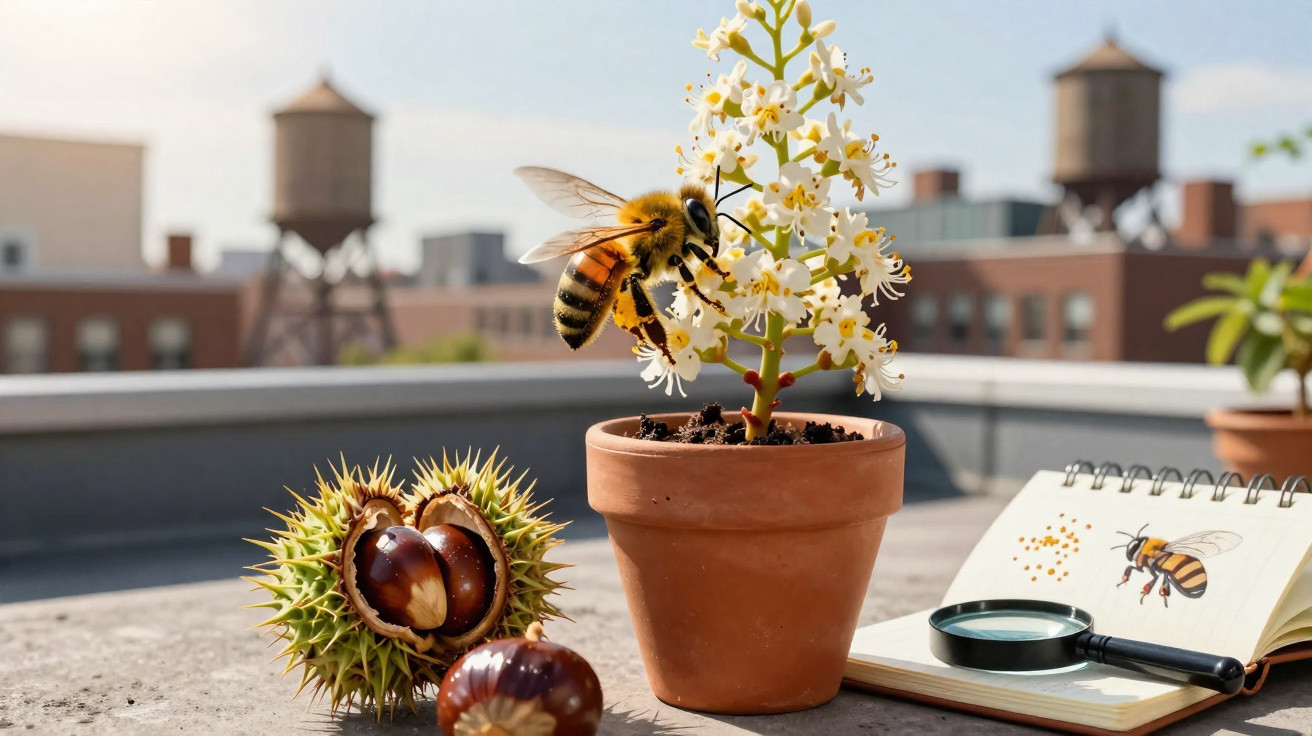 Abelha numa flor branca em vaso de barro com castanhas e caderno de desenho numa varanda urbana.