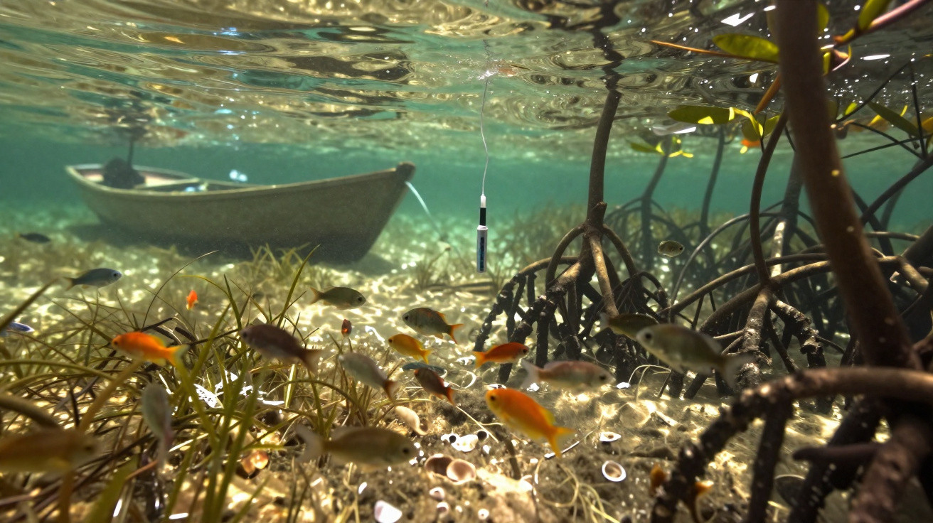 Peixes coloridos nadando entre raízes de mangue submersas com um barco ao fundo na superfície da água.