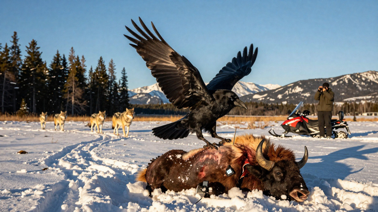 Corvo pousado num bisão caído na neve, com lobos ao fundo e homem a fotografar em paisagem montanhosa.