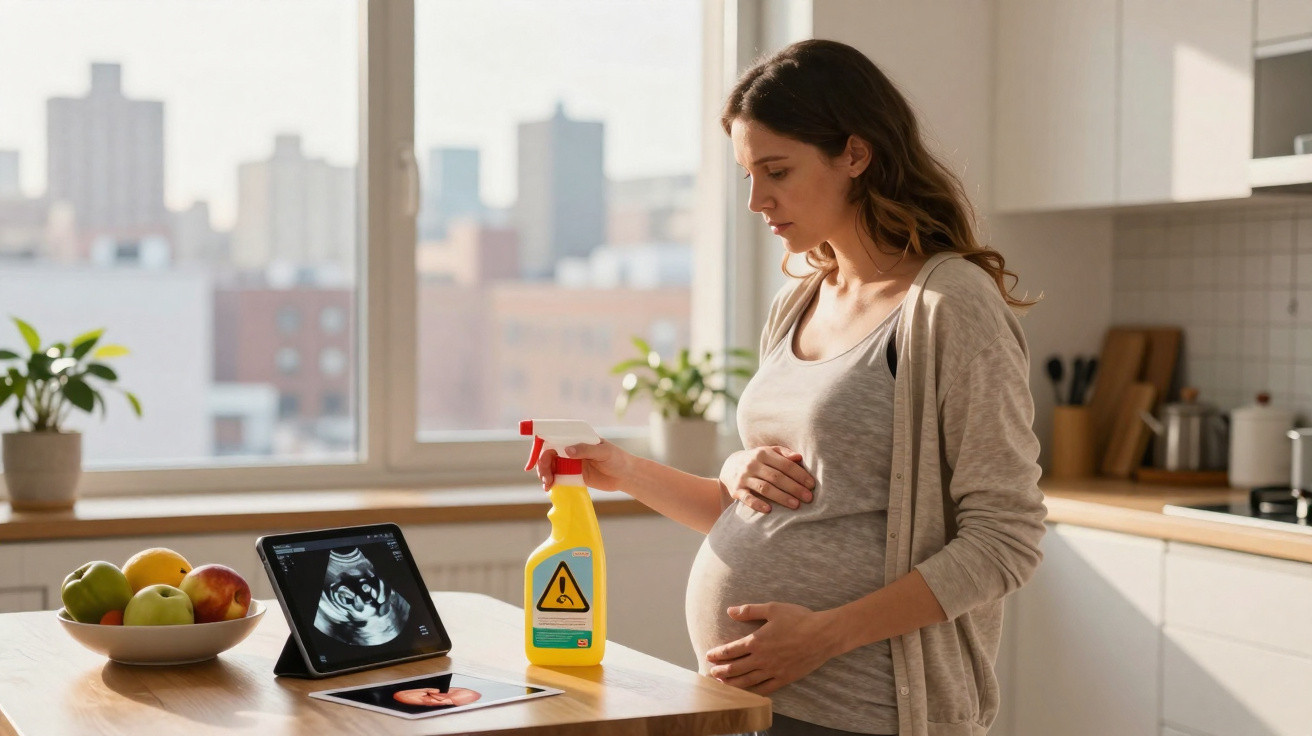 Mulher grávida segura barriga e spray de limpeza perto de ecografia na cozinha iluminada.