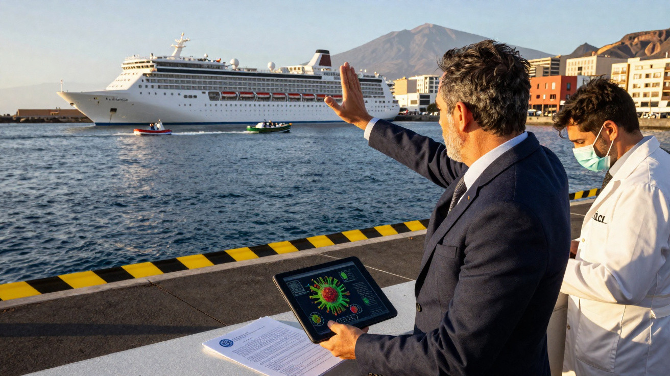 Homem de fato acena para navio de cruzeiro enquanto segura tablet com imagem do vírus, ao lado de profissional com máscara.