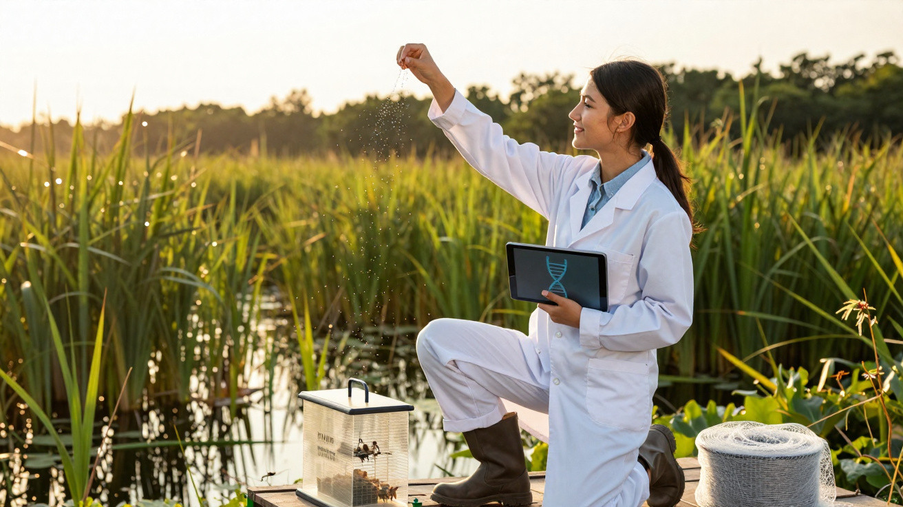 Mulher cientista em fato branco analisa água num ambiente natural com vegetação e segura tablet com imagem de DNA.