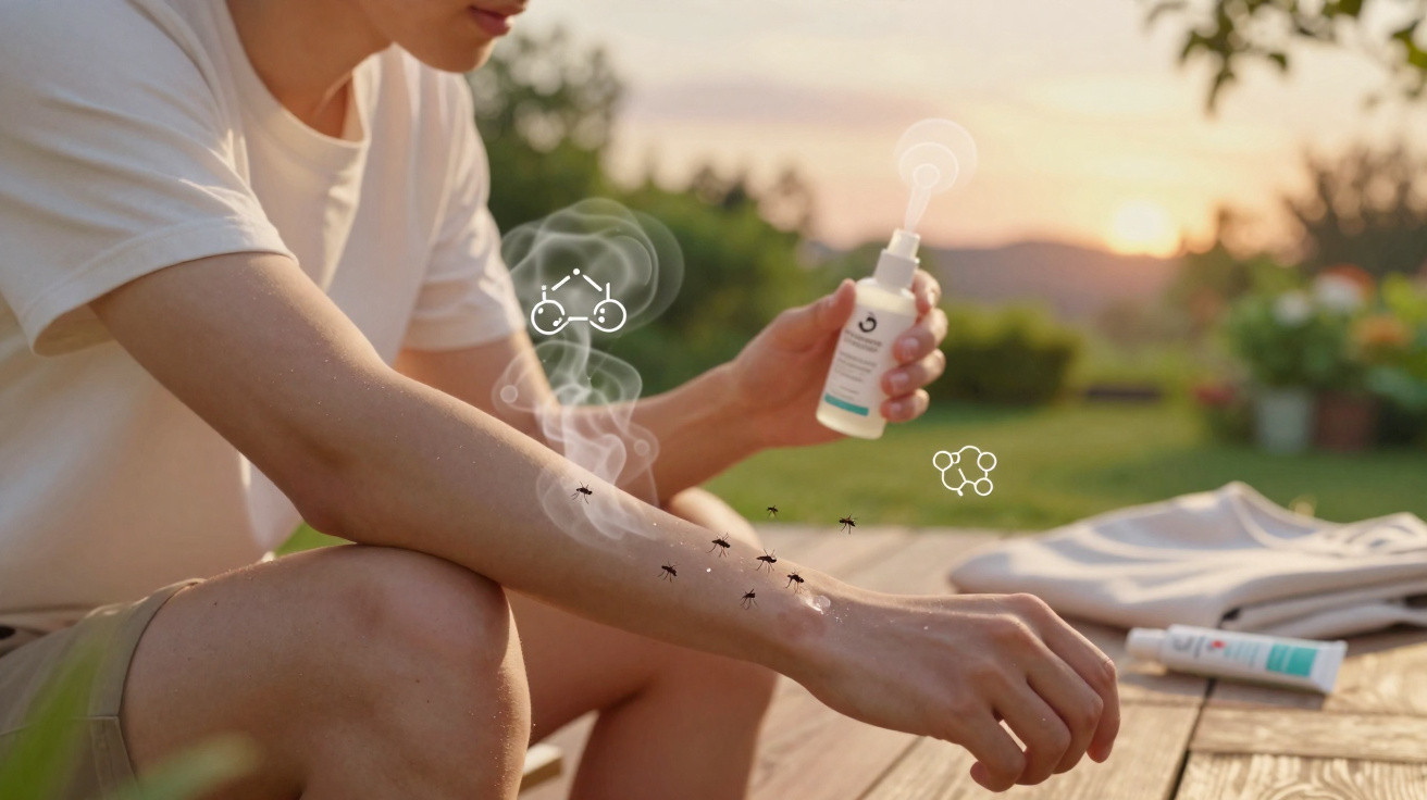 Pessoa aplica repelente nos braços para afastar mosquitos ao pôr do sol num ambiente exterior.