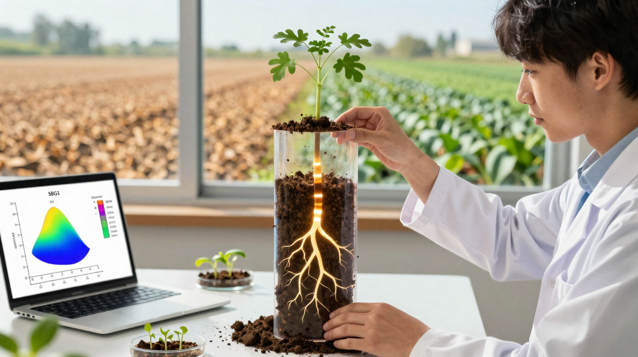 Cientista observa planta num vaso transparente com raízes iluminadas, sentado à mesa com computador e plantas.