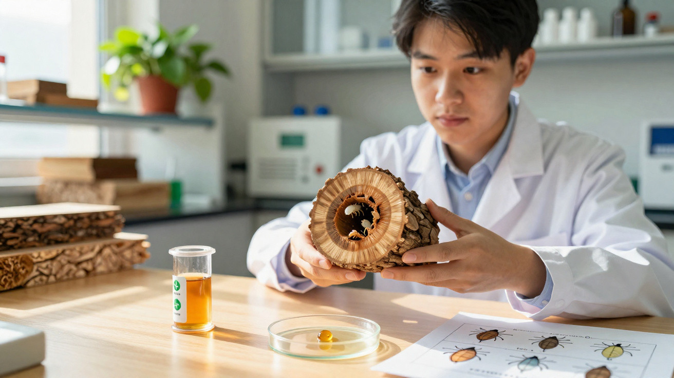 Cientista em laboratório a examinar tronco de árvore para estudo de insetos e biodiversidade.
