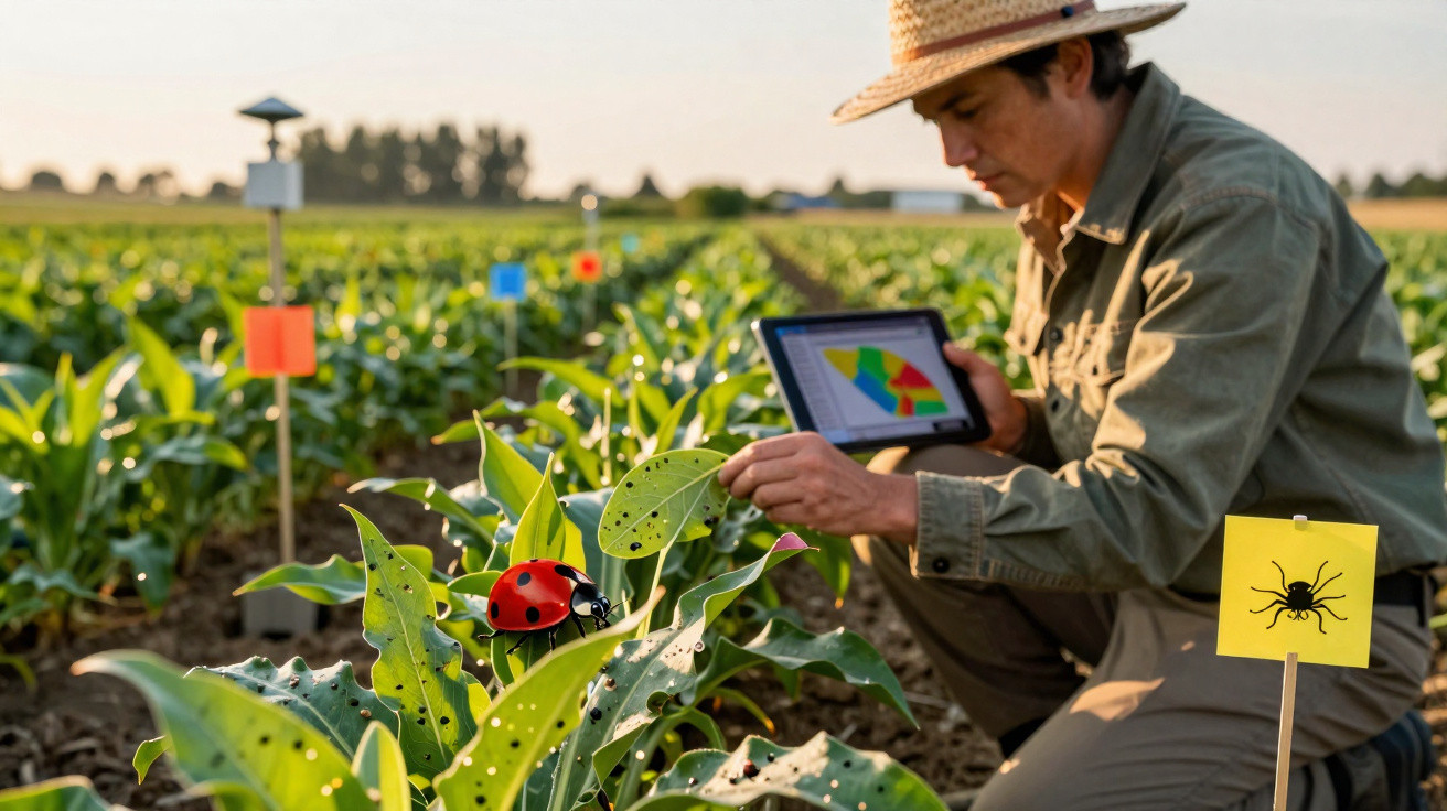 Agricultor com chapéu analisa plantas com danos de insetos num campo usando tablet.