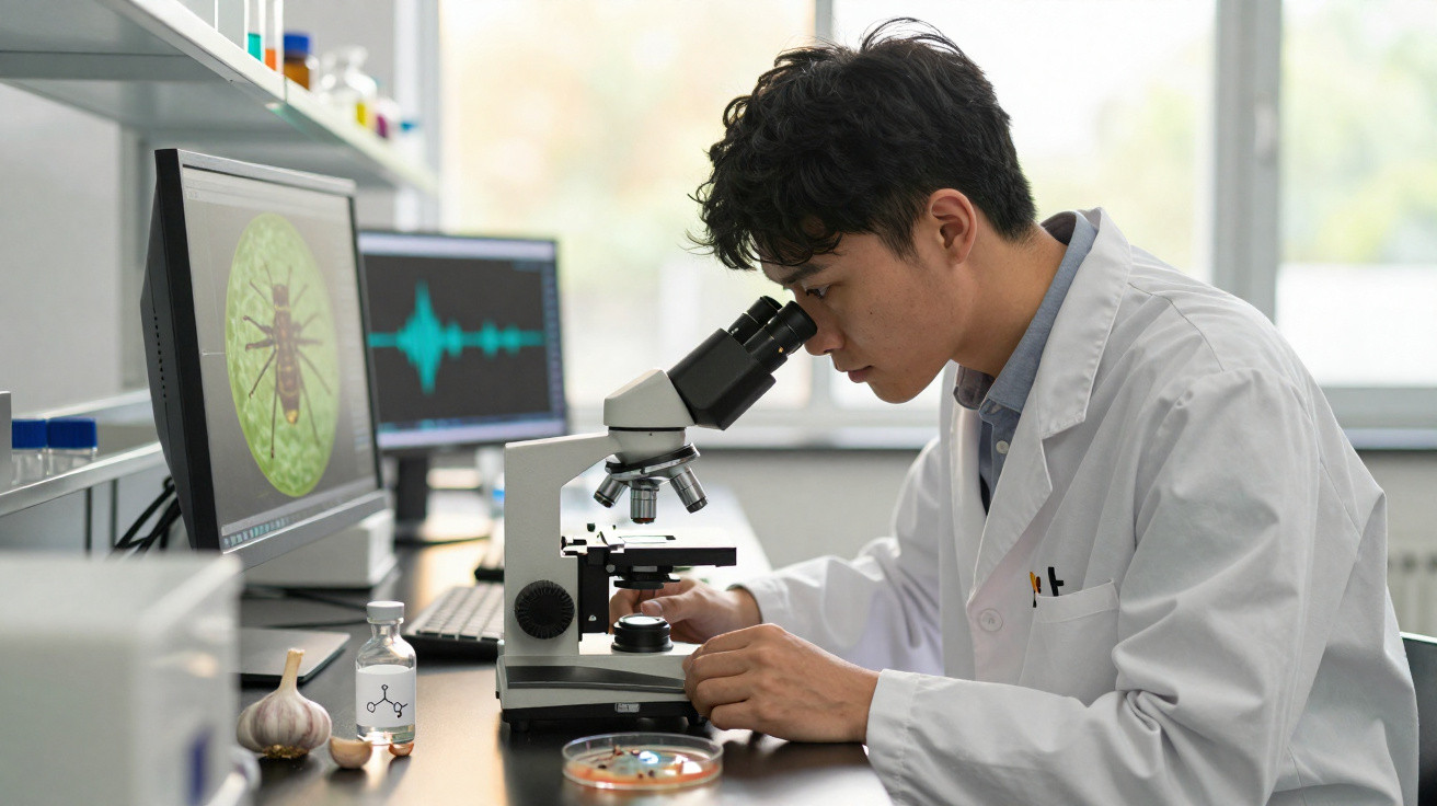 Cientista em bata branca observa amostra no microscópio em laboratório com imagens de inseto e ondas sonoras no ecrã.