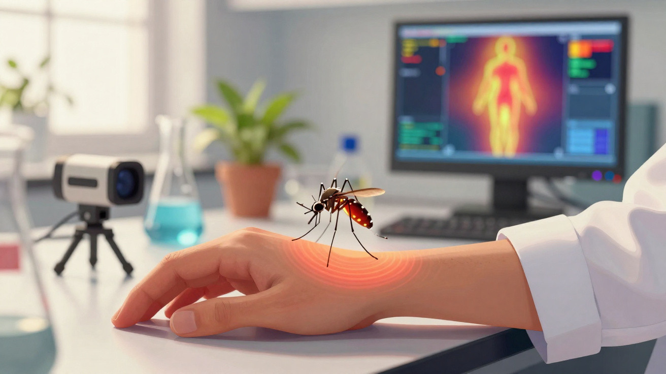 Mosquito a picar a mão de uma pessoa, com ambiente de laboratório e ecrã a mostrar dados médicos ao fundo.