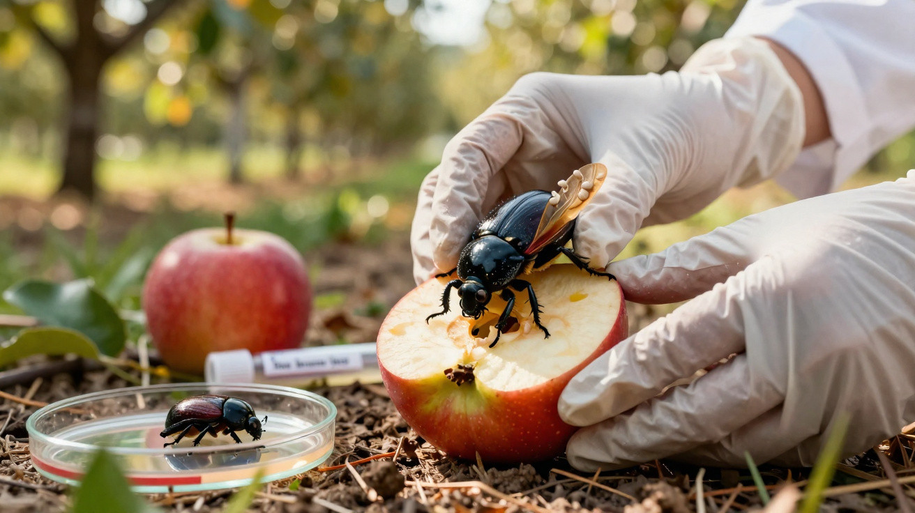 Pessoa com luvas a segurar maçã cortada onde está um inseto grande preto, com outro inseto numa cápsula de vidro.