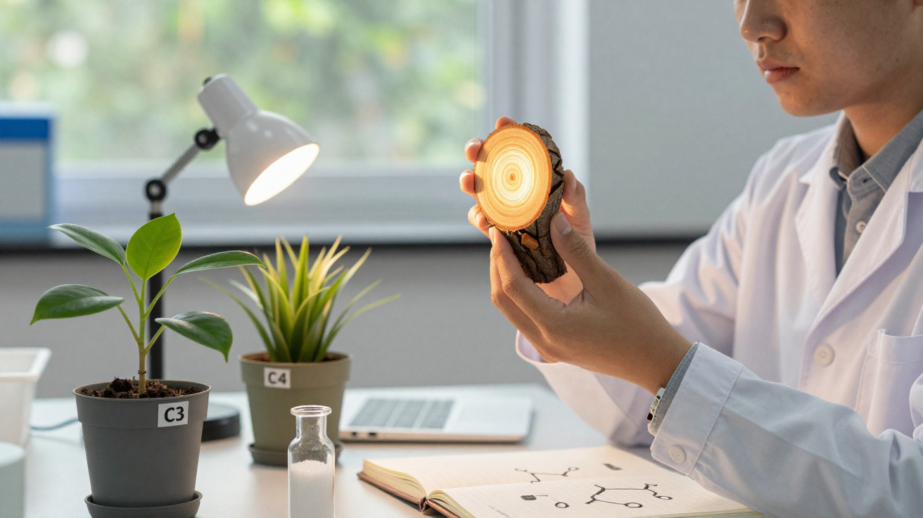 Cientista examina anel de crescimento de tronco, com plantas e equipamento de laboratório na mesa.