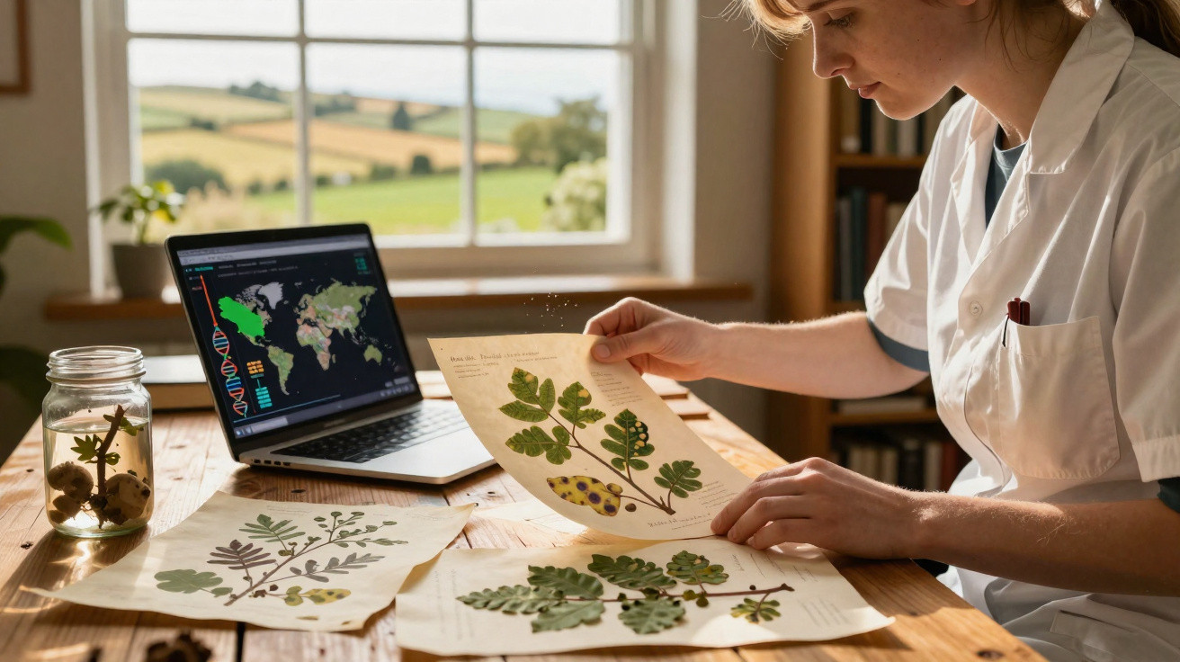 Pessoa em bata branca a analisar folhas e plantas prensadas numa mesa de madeira junto a portátil com mapa mundial.
