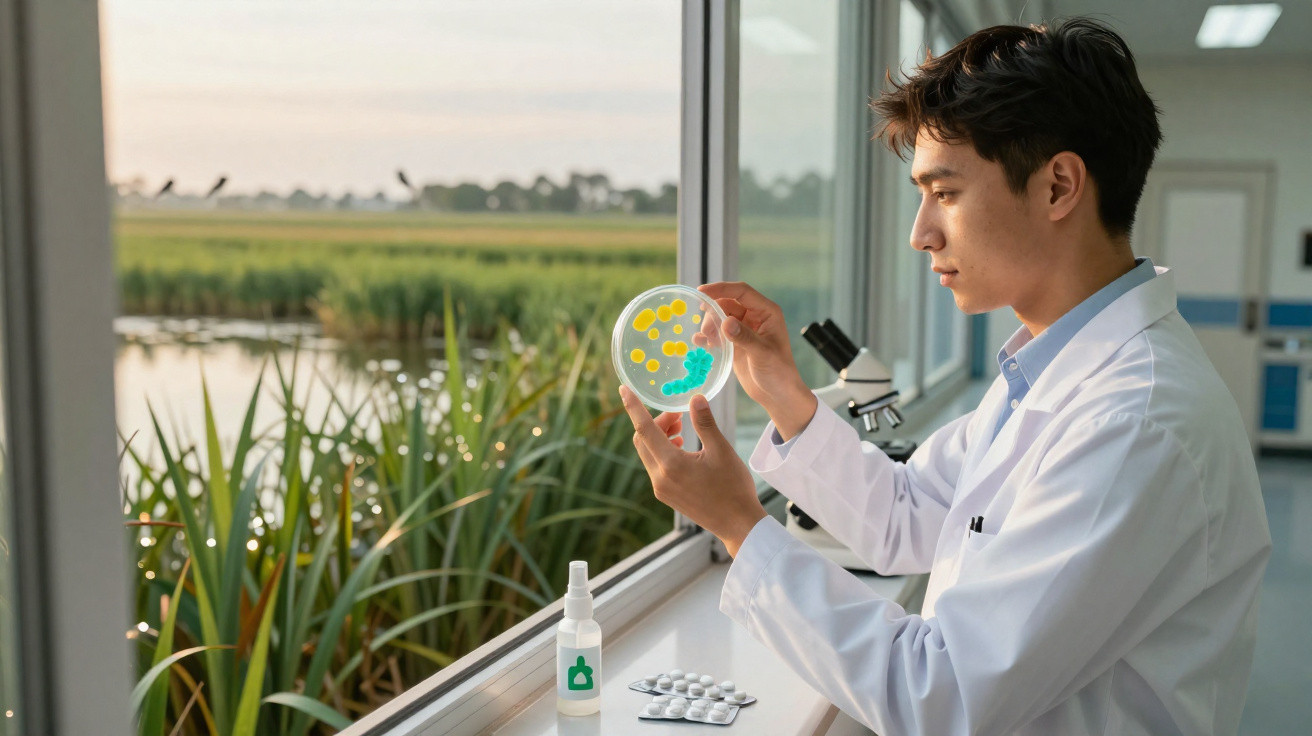 Cientista com bata branca analisa placa de Petri junto a janela com vista para área natural.