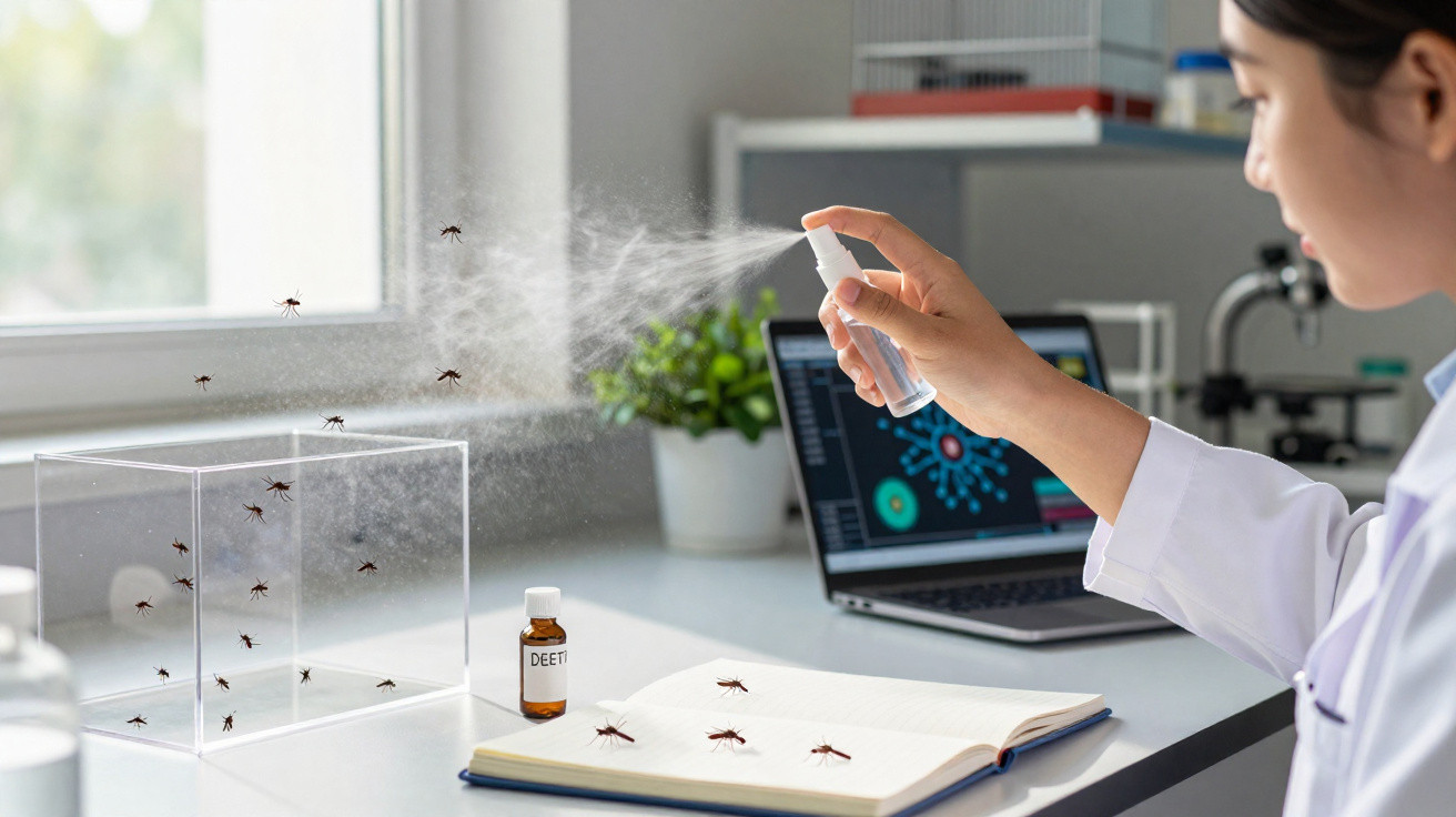 Investigadora a pulverizar inseticida em laboratório com mosquitos e computador com imagens científicas.