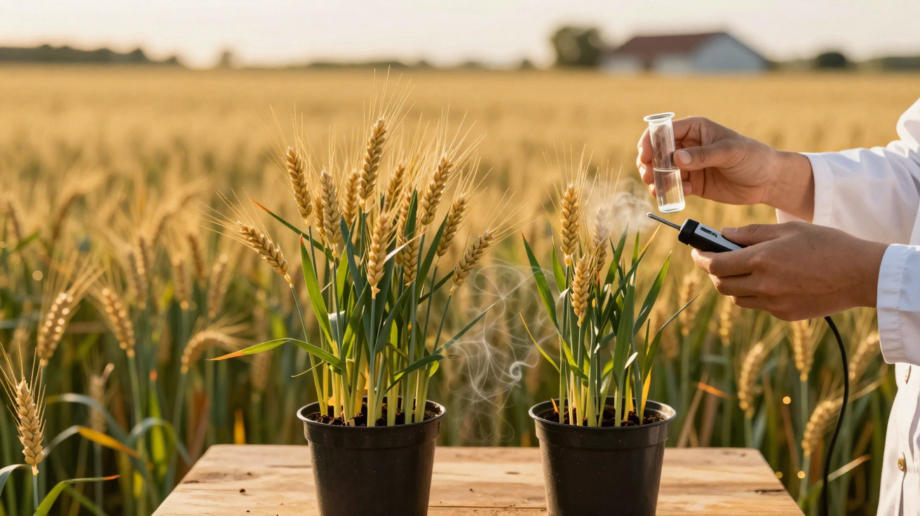 Mãos de cientista a analisar plantas de trigo em vasos num campo, usando equipamento de laboratório com fumaça.