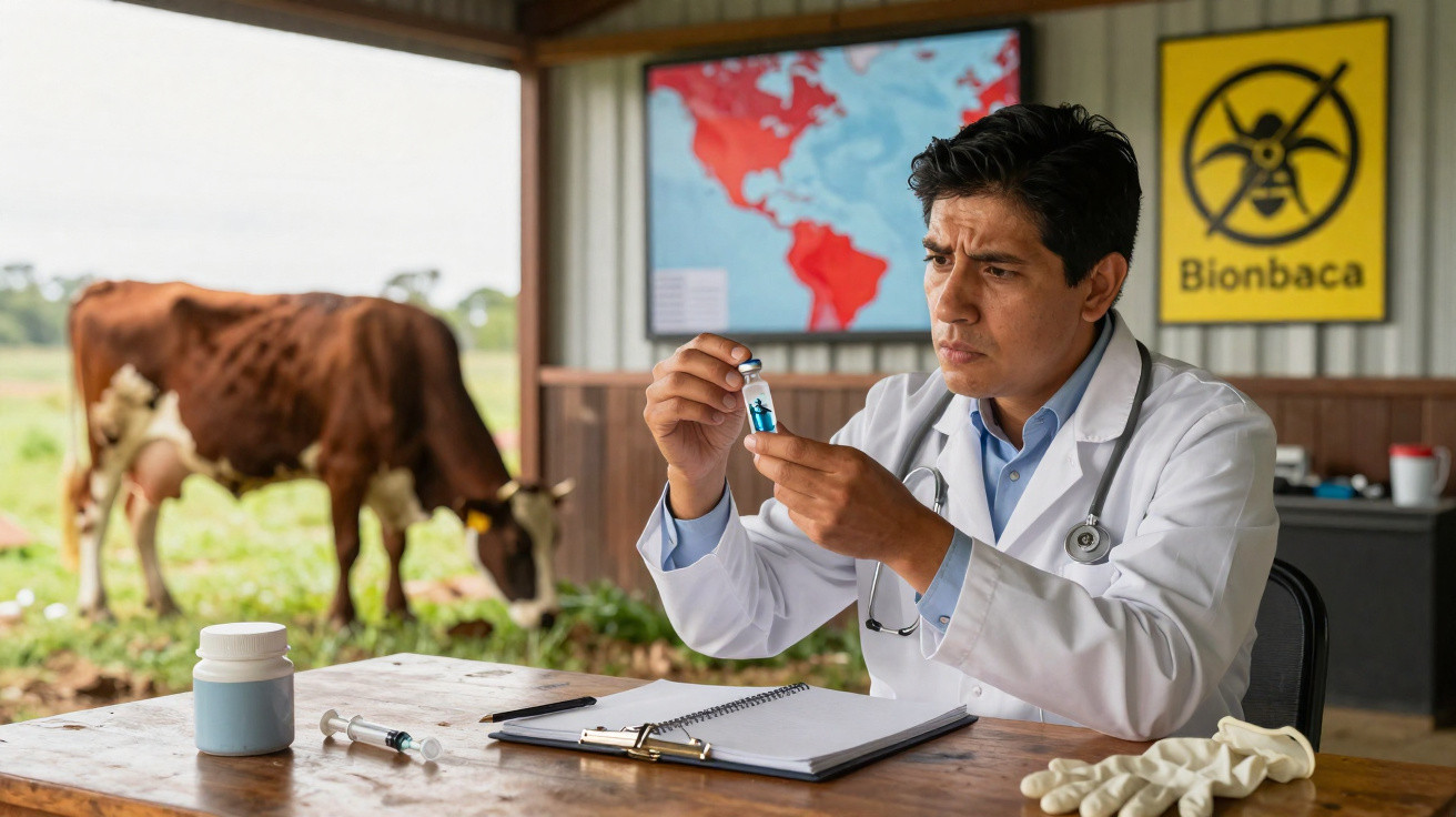 Veterinário examina frasco de vacina numa clínica rural com vaca e mapas na parede ao fundo.