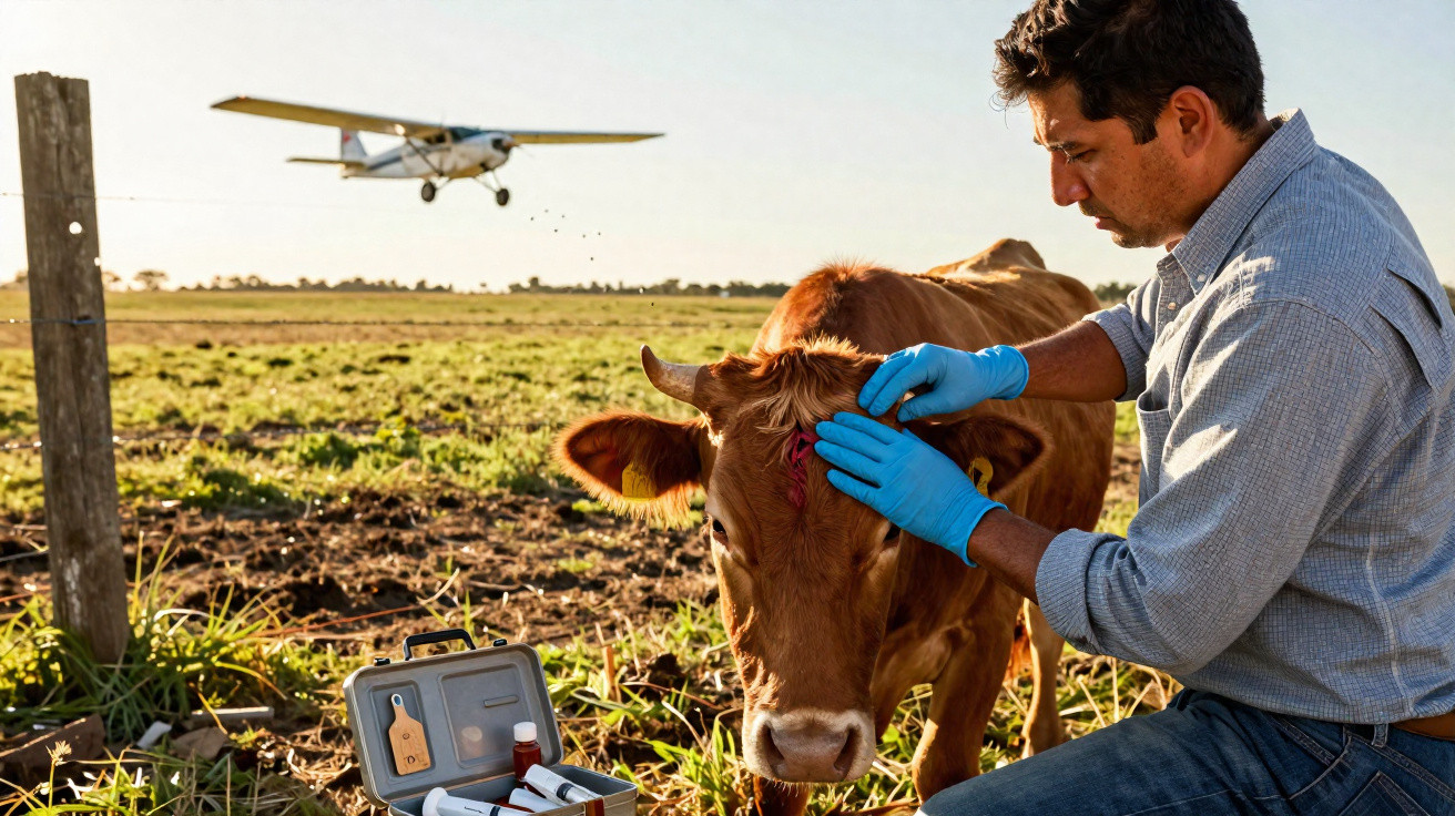 Veterinário examina vaca ferida num campo enquanto um avião agrícola voa ao fundo.
