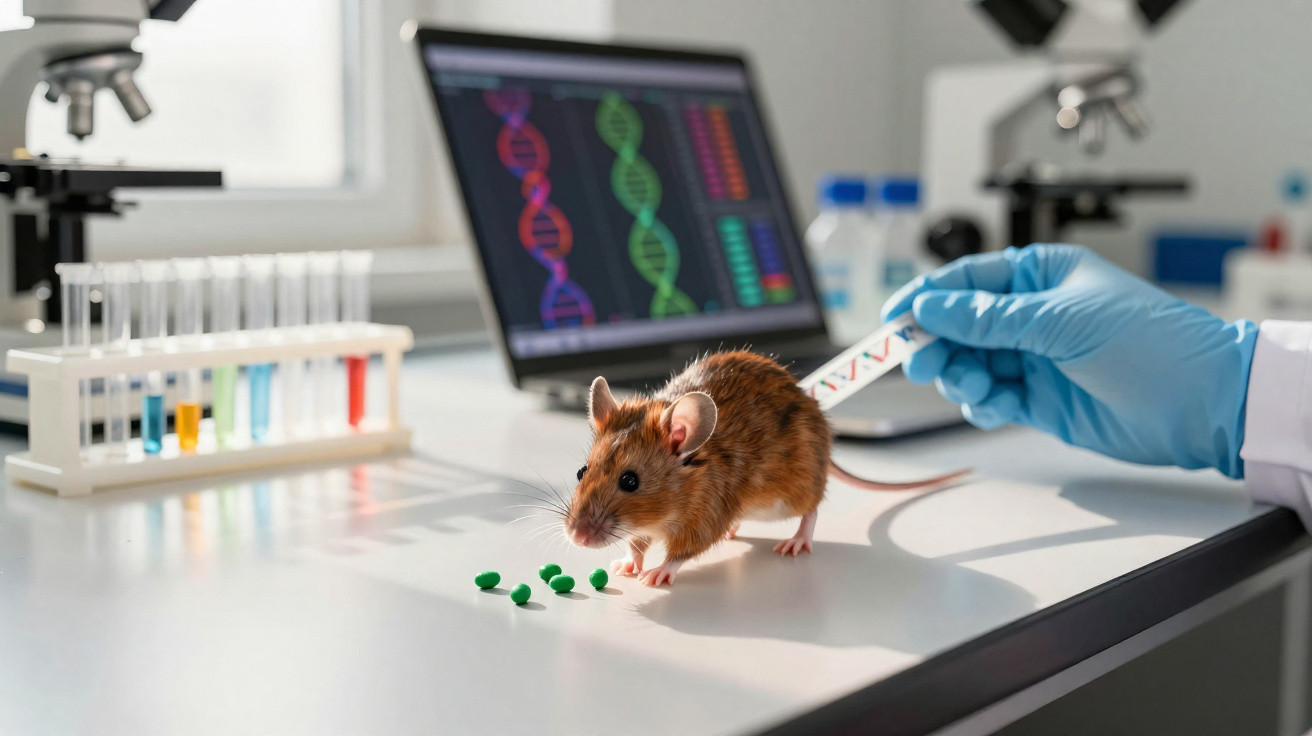 Rato em laboratório com gotas verdes na mesa, mão com luva azul e ecrã com sequência de DNA ao fundo.
