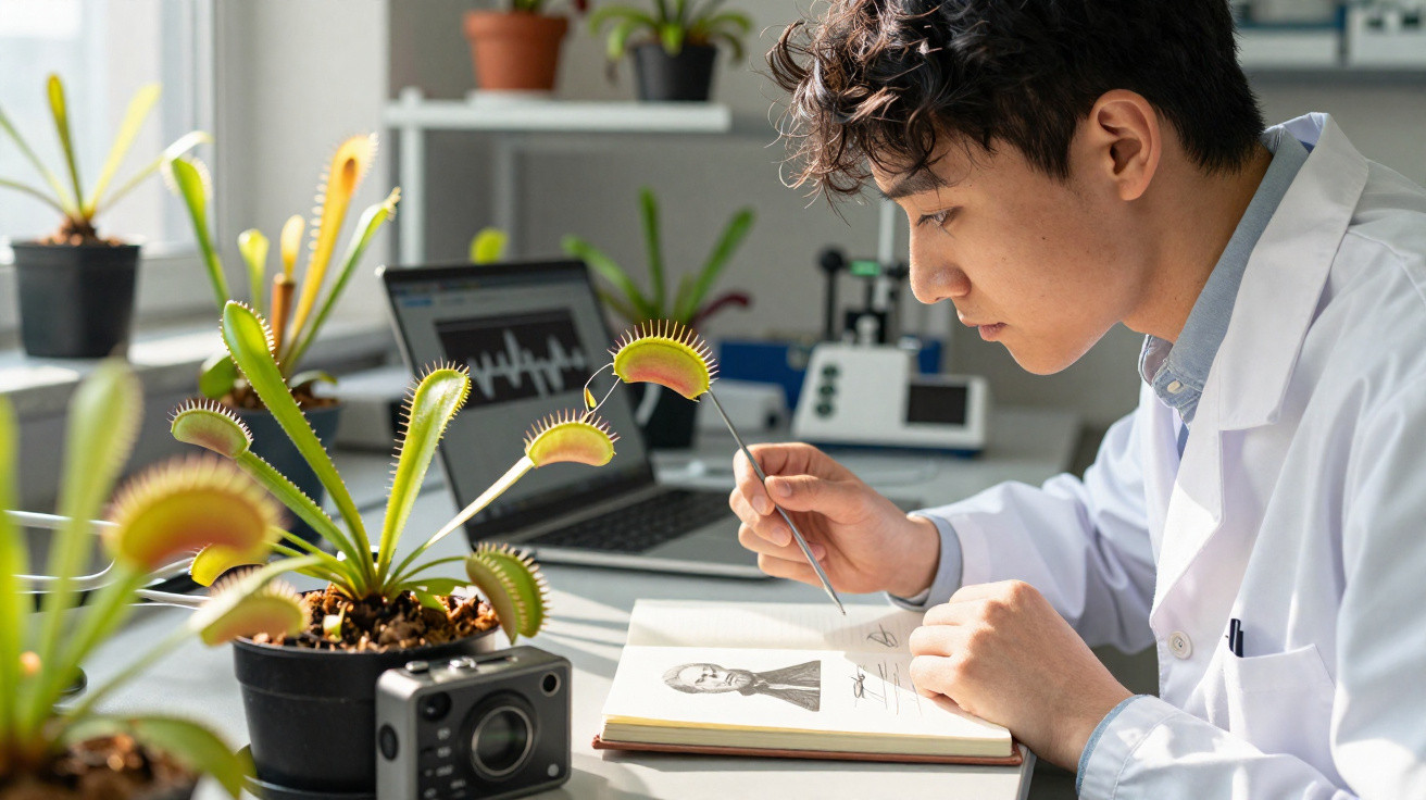 Cientista jovem a estudar planta carnívora Venus flytrap e a desenhar num caderno num laboratório iluminado.